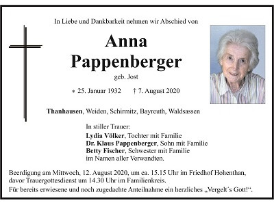 Traueranzeige Anna Pappenberger, Thanhausen