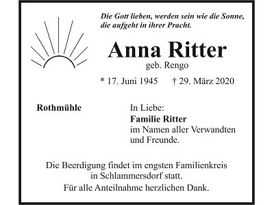 Traueranzeige Anna Ritter, Rothmühle