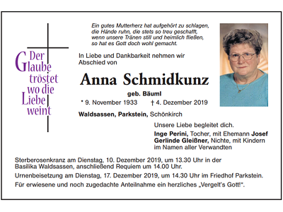 Traueranzeige Anna Schmidkunz, Waldsassen