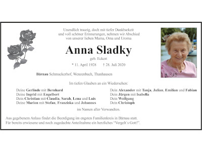 Traueranzeige Anna Sladky, Bärnau