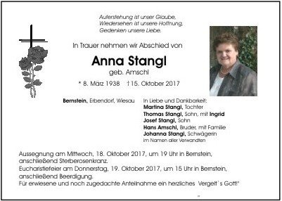 Traueranzeige Anna Stangl, Bernstein