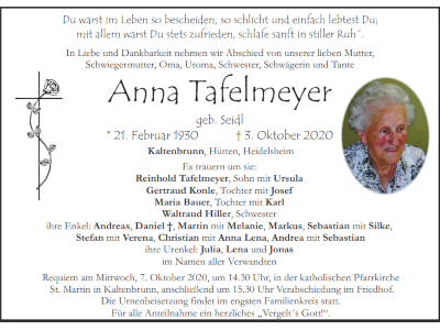 Traueranzeige Anna Tafelmeyer, Kaltenbrunn