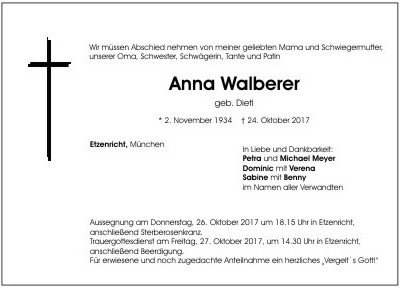 Traueranzeige Anna Walberer, Etzenricht