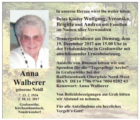 Traueranzeige Anna Walberer, Grafenwöhr