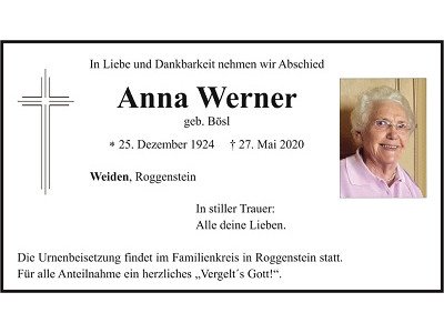 Traueranzeige Anna Werner, Weiden