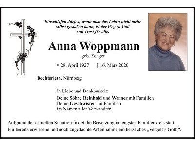 Traueranzeige Anna Woppmann, Bechtsrieth