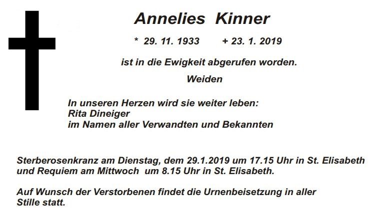Traueranzeige Annelies Kinner, Weiden