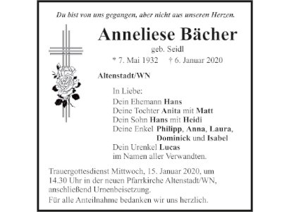 Traueranzeige Anneliese Bächer, Altenstadt/WN