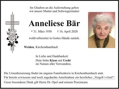 Traueranzeige Anneliese Bär, Weiden