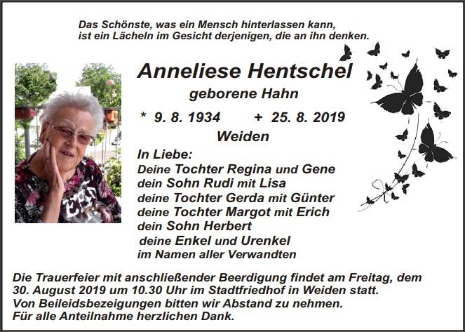 Traueranzeige Anneliese Hentschel, Weiden