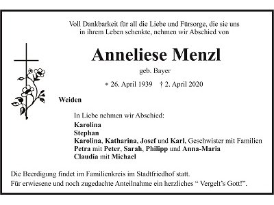 Traueranzeige Anneliese Menzl, Weiden