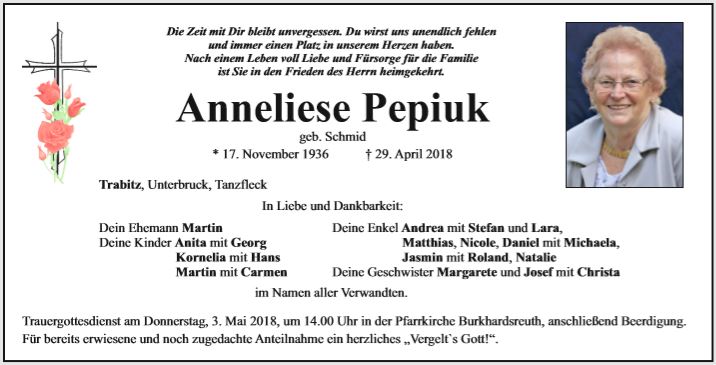 Traueranzeige Anneliese Pepiuk, Trabitz