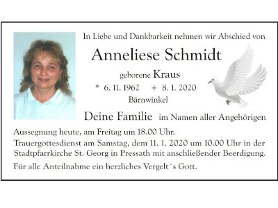 Traueranzeige Anneliese Schmidt, Bärnwinkel