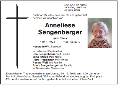 Traueranzeige Anneliese Sengenberger, Neustadt/WN