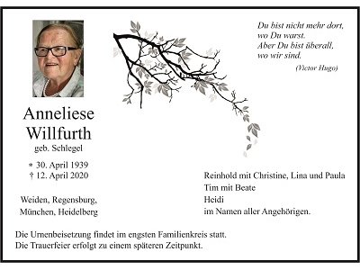 Traueranzeige Anneliese Willfurth, Weiden
