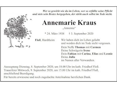 Traueranzeige Annemarie Kraus, Floß