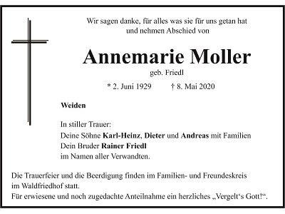 Traueranzeige Annemarie Moller, Weiden