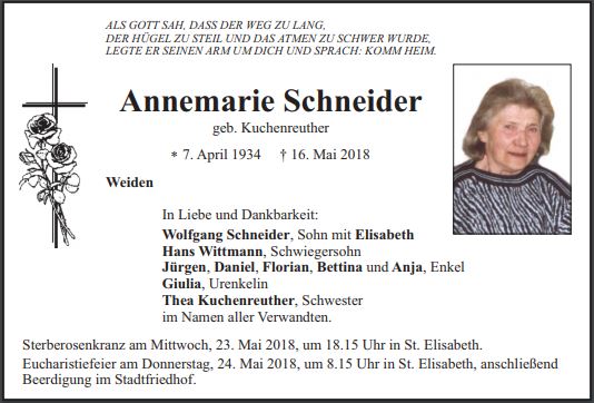 Traueranzeige Annemarie Schneider, Weiden