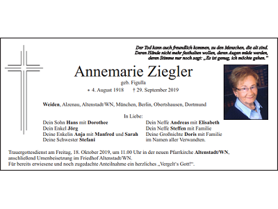 Traueranzeige Annemarie Ziegler, Weiden