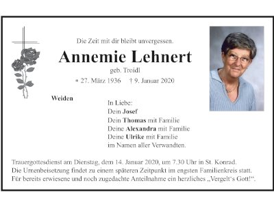 Traueranzeige Annemie Lehnert, Weiden