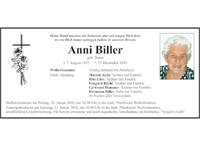 Traueranzeige Anni Biller, Weiherhammer