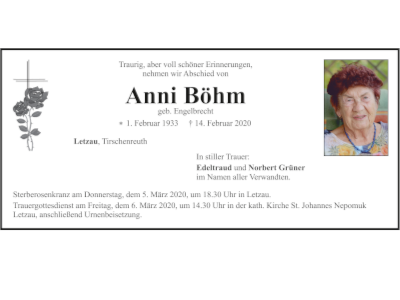 Traueranzeige Anni Böhm, Letzau, Tirschenreuth