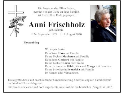 Traueranzeige Anni Frischholz, Flossenbürg