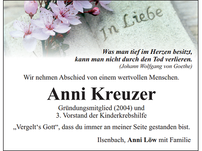 Traueranzeige Anni Kreuzer, Ilsenbach