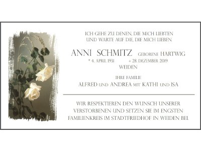 Traueranzeige Anni Schmitz, Weiden