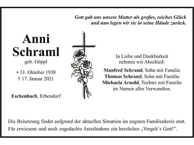 Traueranzeige Anni Schraml, Eschenbach