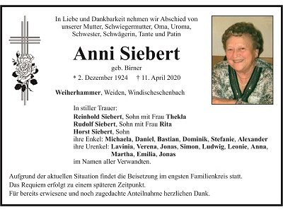 Traueranzeige Anni Siebert, Weiherhammer