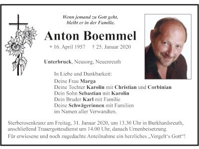 Traueranzeige Anton Boemmel, Unterbruck