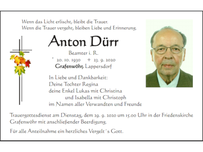 Traueranzeige Anton Dürr, Grafenwöhr