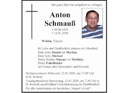 Traueranzeige Anton Schmauß, Weiden