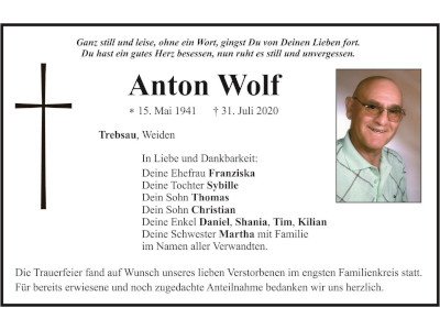 Traueranzeige Anton Wolf, Trebsau
