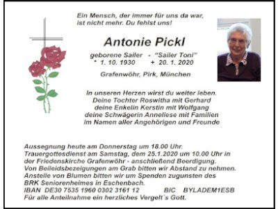 Traueranzeige Antonie Pickl, Grafenwöhr