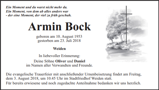 Traueranzeige Armin Bock, Weiden