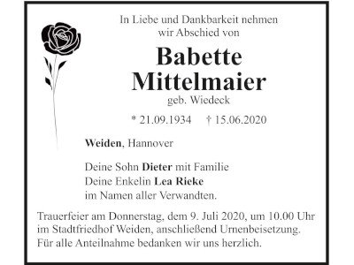 Traueranzeige Babette Mittelmaier, Weiden