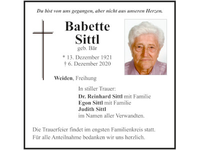 Traueranzeige Babette Sittl, Weiden