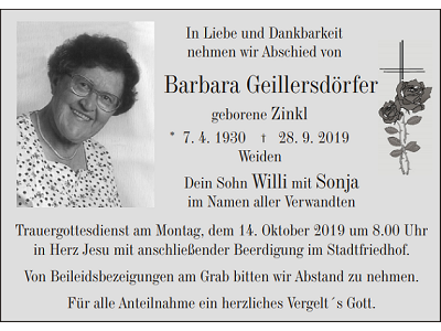 Traueranzeige Barbara Geillersdörfer, Weiden
