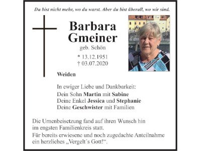 Traueranzeige Barbara Gmeiner, Weiden