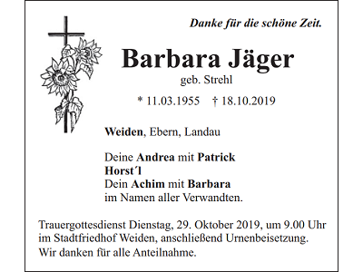 Traueranzeige Barbara Jäger, Weiden
