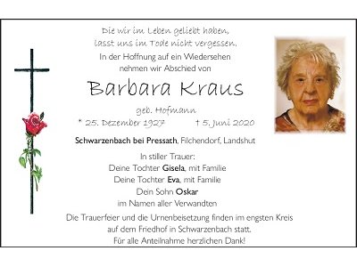 Traueranzeige Barbara Kraus, Schwarzenbach bei Pressath