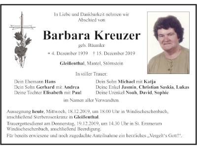 Traueranzeige Barbara Kreuzer, Windischeschenbach