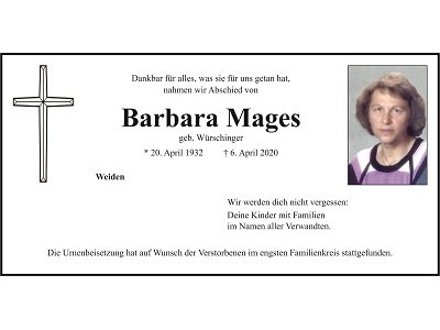 Traueranzeige Barbara Mages, Weiden