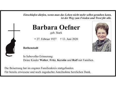 Traueranzeige Barbara Oefner, Rothenstadt