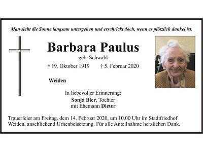 Traueranzeige Barbara Paulus, Weiden