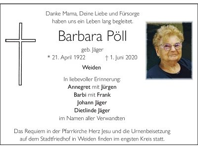Traueranzeige Barbara Pöll, Weiden