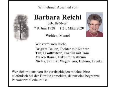 Traueranzeige Barbara Reichl, Weiden