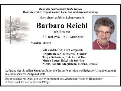 Traueranzeige Barbara Reichl, Weiden